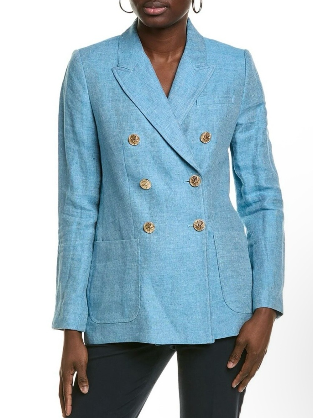 ELIE TAHARI The Kenna Double-Breasted Linen Blend Blazer in Sky Blue
